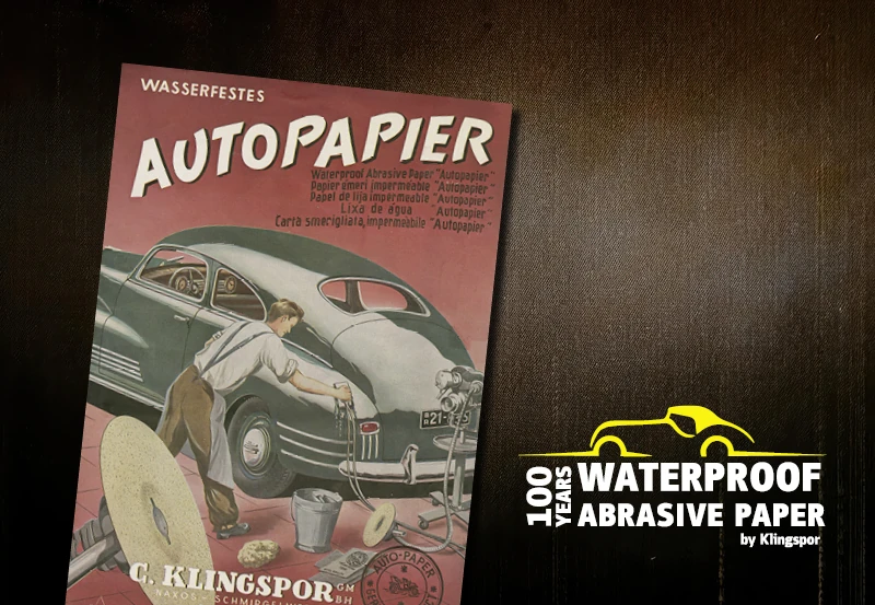 Historisches Klingspor Autopapier-Plakat: 100 Jahre wasserfestes Schleifpapier